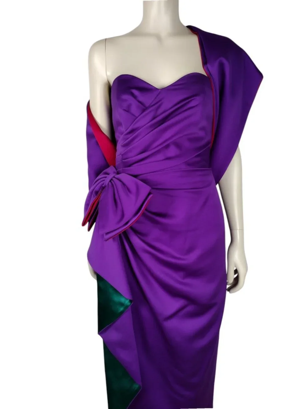Vintage 1980s AJ Bari Purple Satin Strapless Evening Gown and Shawl Set Size 0